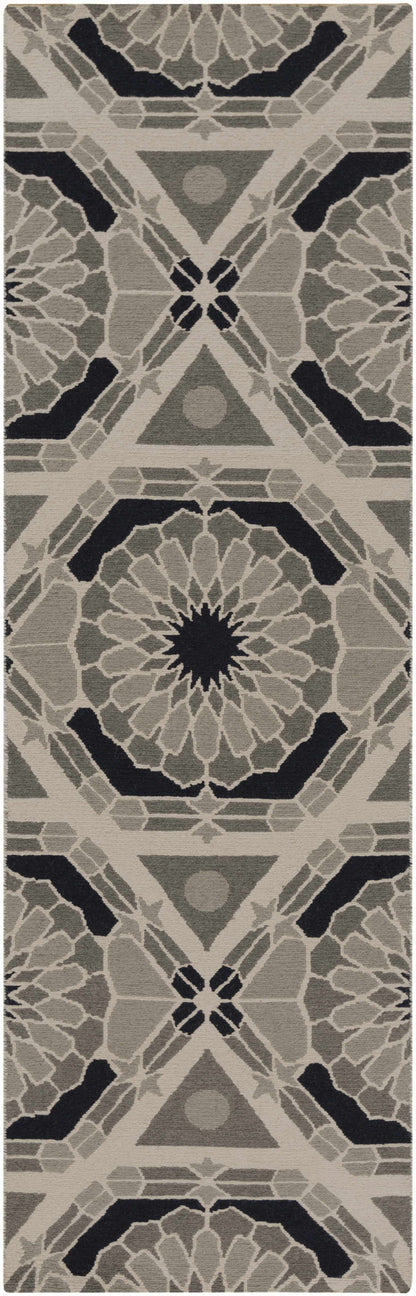 Boutique Rugs Hetland Area Carpet clearance runner rug in gray taupe with navy geometric medallion pattern on Tampa Home & Garden Store