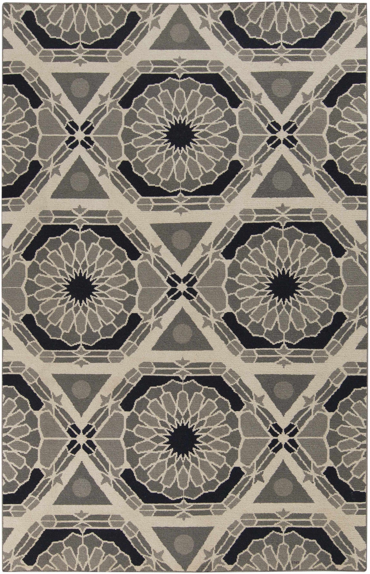 Hetland Area Carpet by Boutique Rugs with geometric Moroccan motif in beige gray and black on Tampa Home & Garden Store