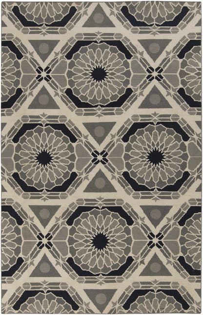 Hetland Area Carpet by Boutique Rugs with geometric Moroccan motif in beige gray and black on Tampa Home & Garden Store