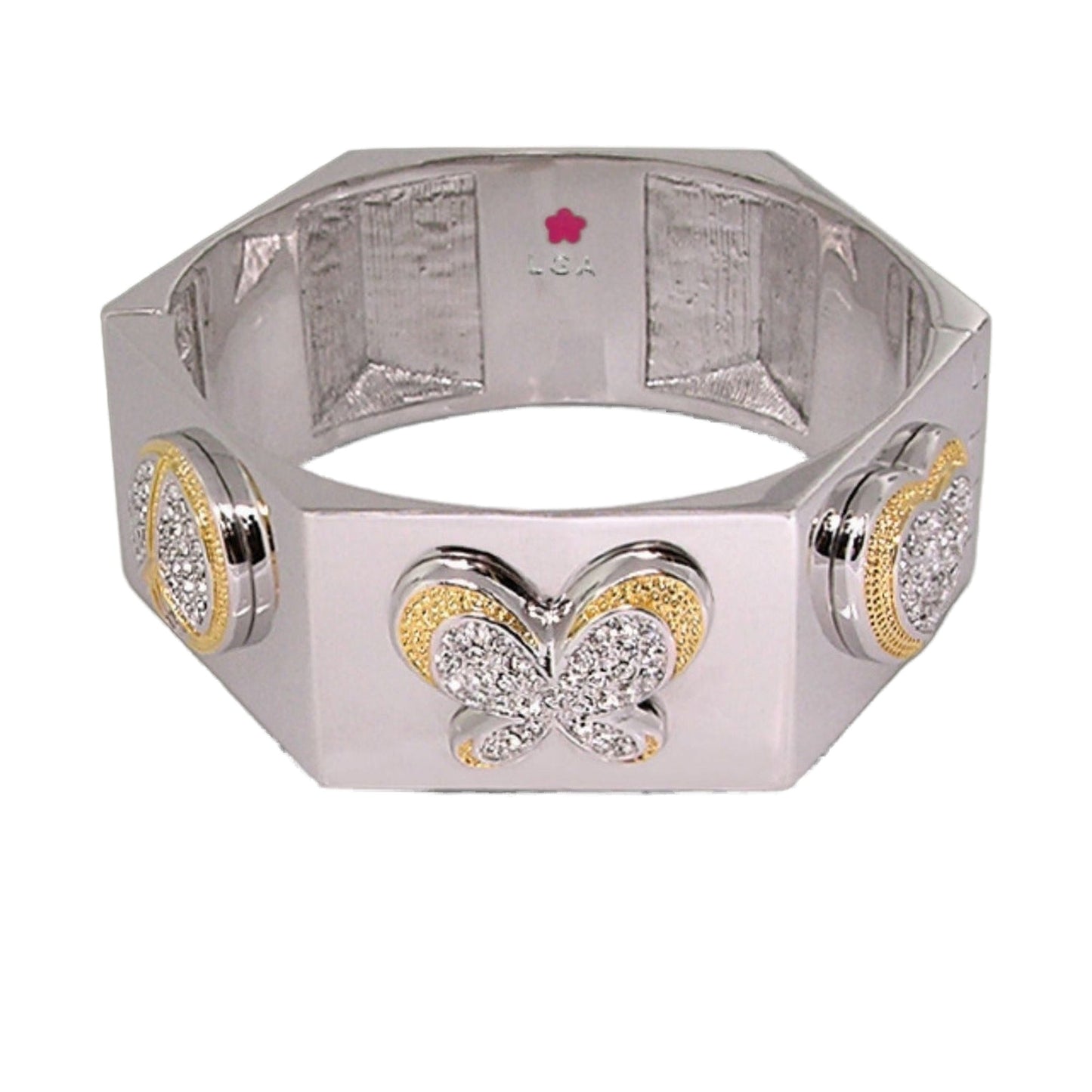 Hexagonal Duo Tone Bangle by LGA, hinged silver bracelet with gold-tone pavé circles on Tampa Home & Garden Store