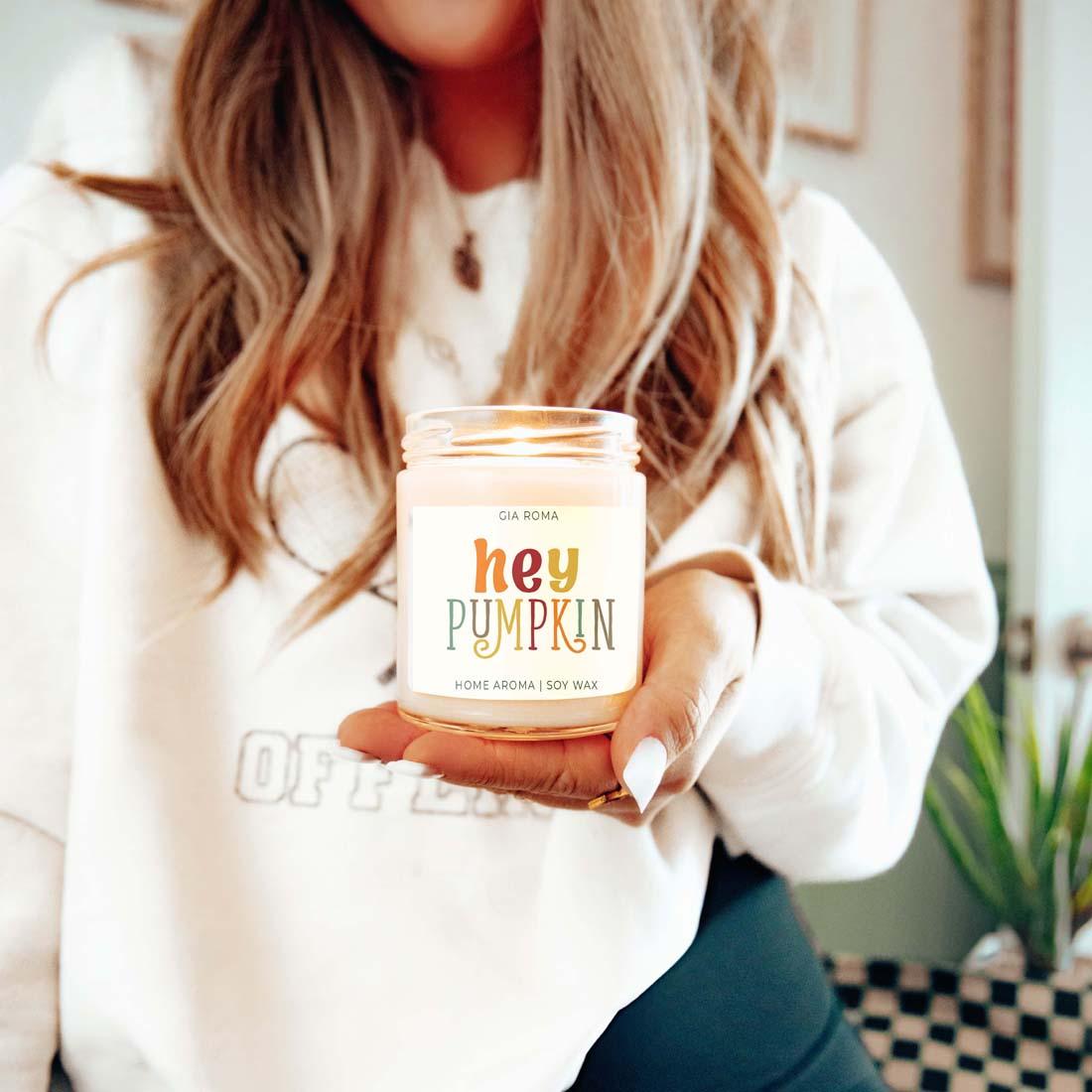 Baked Pumpkin Candle by Gia Roma in a glass jar with Hey Pumpkin label soy wax on Tampa Home & Garden Store