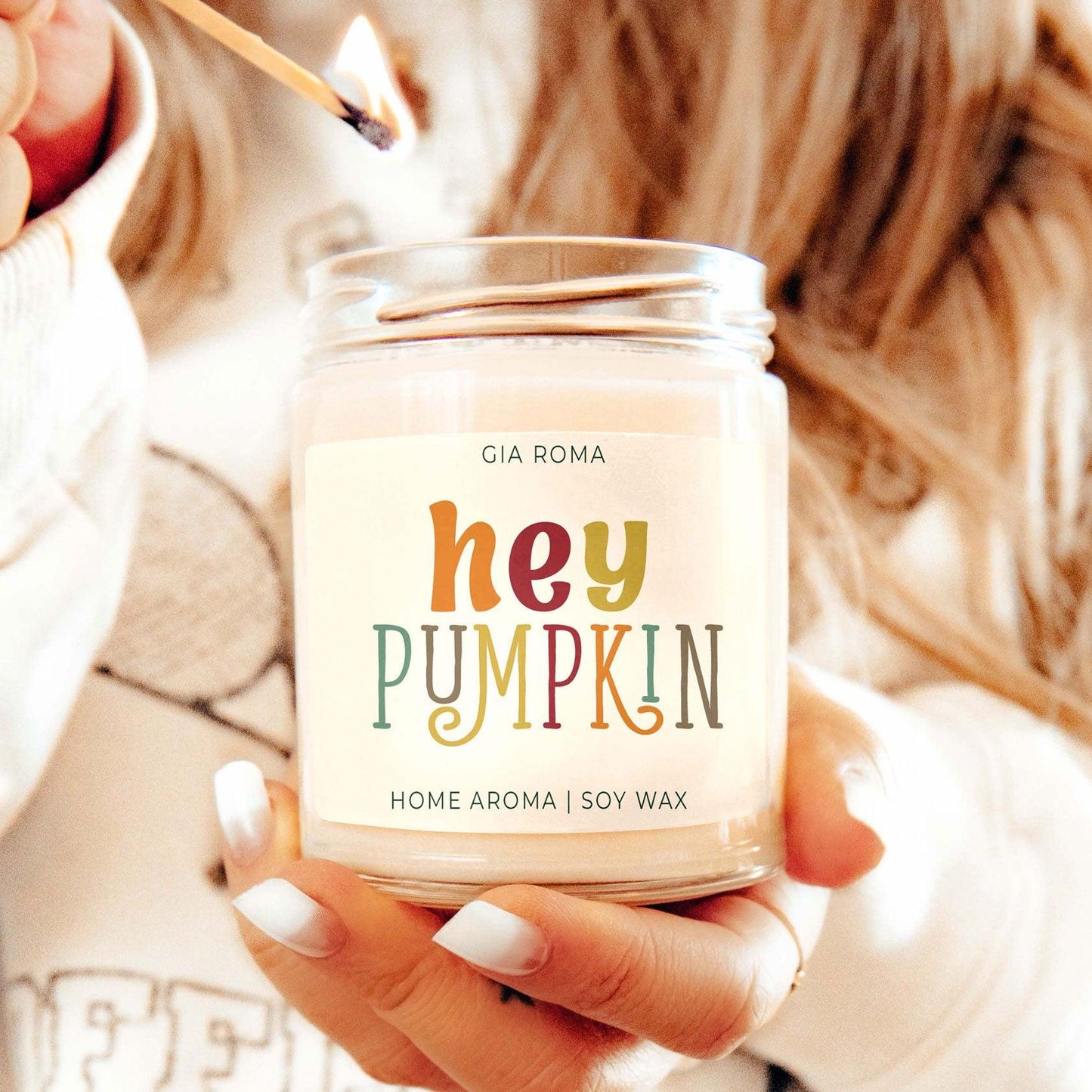 Baked Pumpkin Candle Gia Roma soy wax in a glass jar with colorful hey pumpkin label on Tampa Home & Garden Store