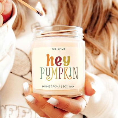 Baked Pumpkin Candle Gia Roma soy wax in a glass jar with colorful hey pumpkin label on Tampa Home & Garden Store