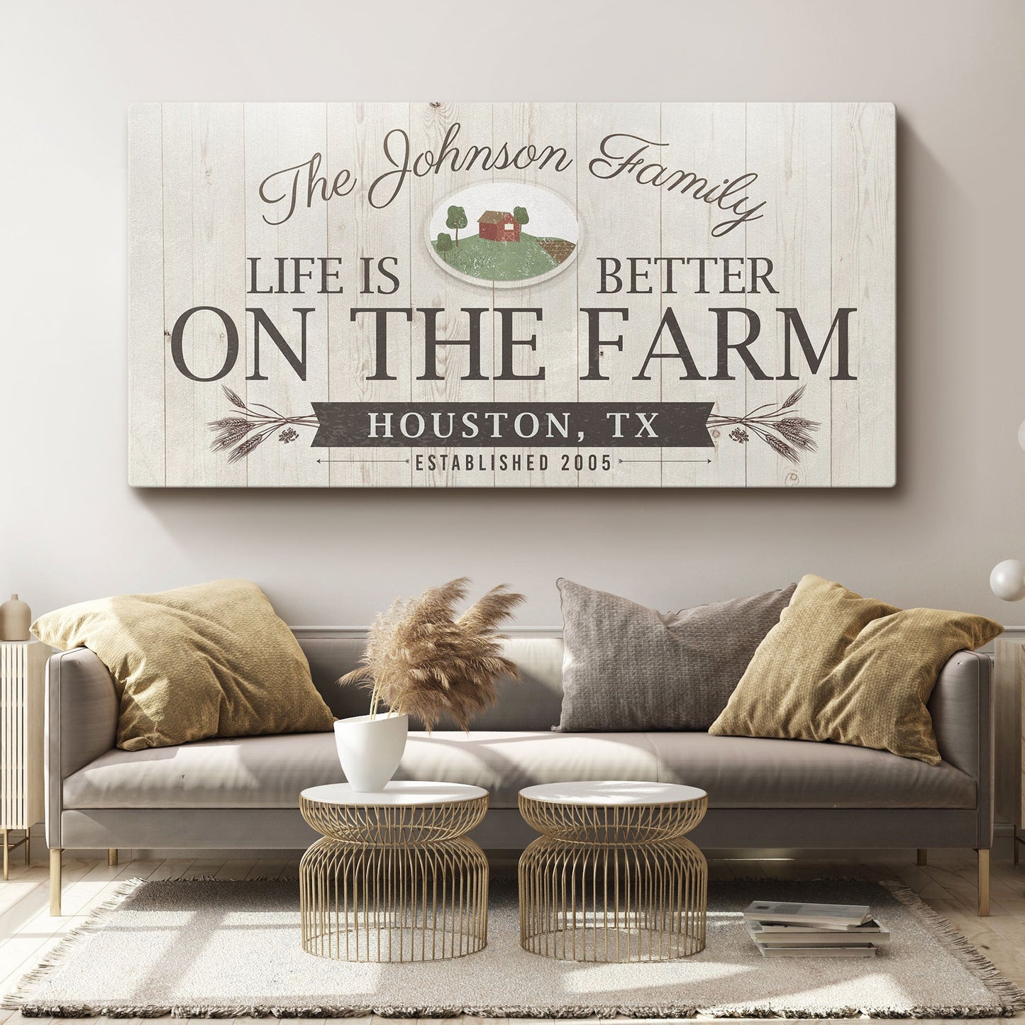 Life Is Better On The Farm Sign Canvas by Tailored Canvases with rustic wood panel backdrop on Tampa Home & Garden Store