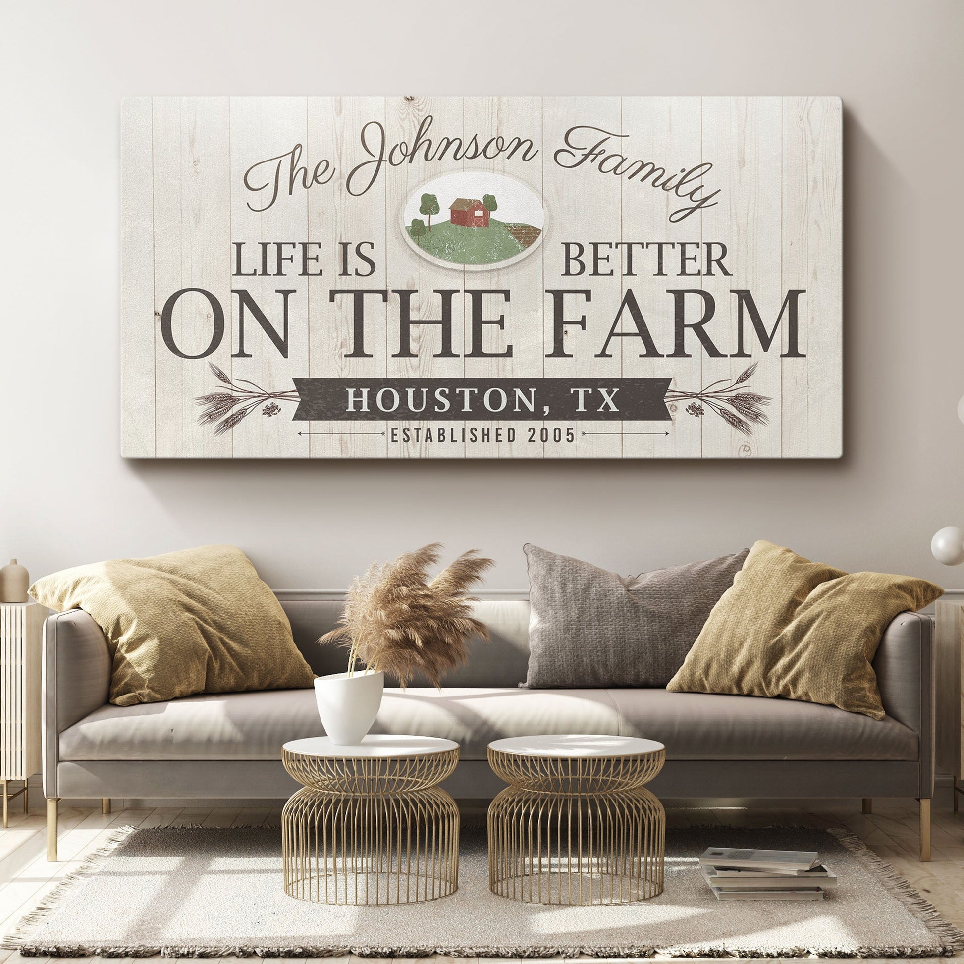 Life Is Better On The Farm Sign Canvas by Tailored Canvases with rustic wood panel backdrop on Tampa Home & Garden Store