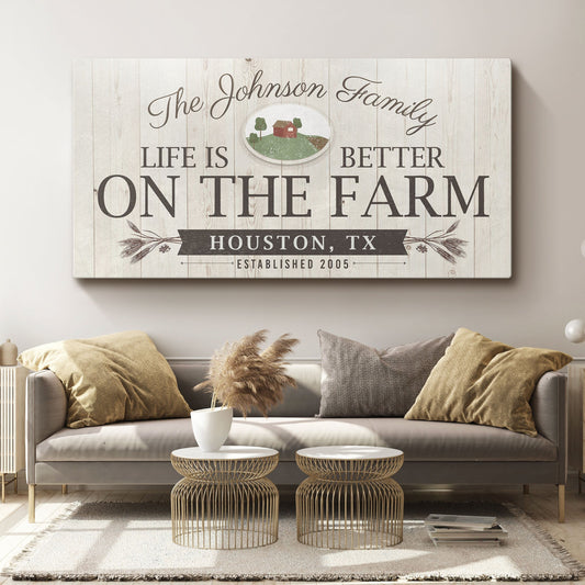 Life Is Better On The Farm Sign Canvas by Tailored Canvases with rustic wood panel backdrop on Tampa Home & Garden Store