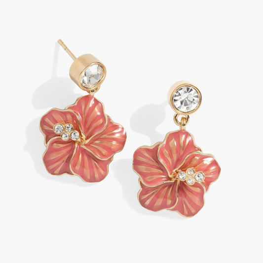 ALEX AND ANI hibiscus drop earrings pair in pink enamel with crystal accents, gold-tone setting on Tampa Home & Garden Store
