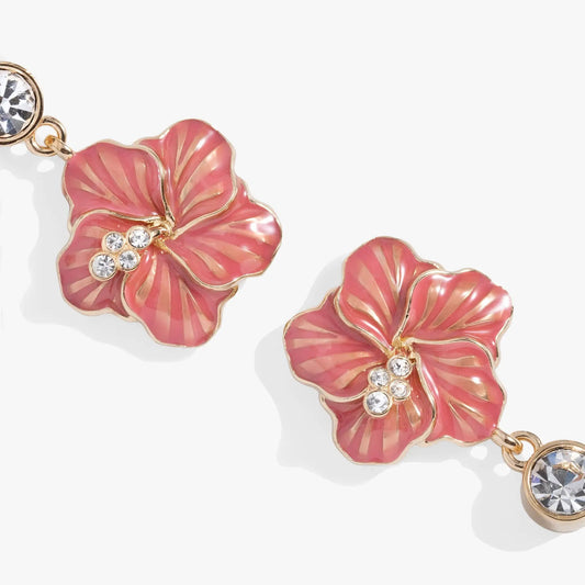 Hibiscus Drop Earrings pink enamel flowers with gold edges and crystal accents, two blooms on Tampa Home & Garden Store