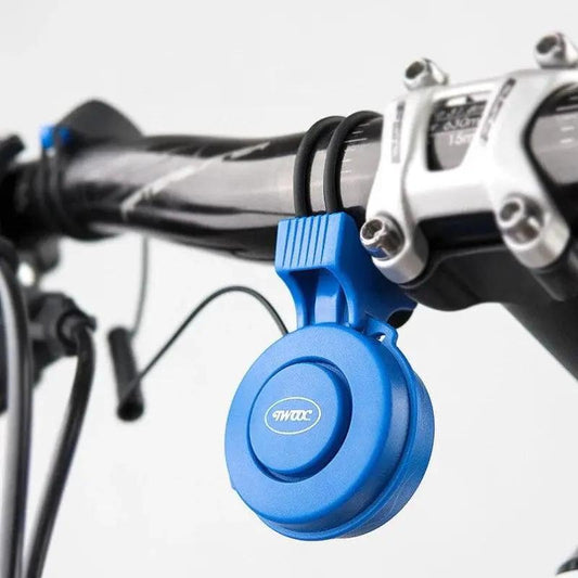 Blue Stevvex bicycle horn attached to handlebars, USB rechargeable bike bell for bikes on Tampa Home & Garden Store