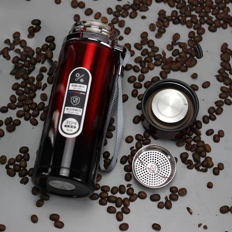 Stevvex stainless steel vacuum-insulated thermos mug red with strap and spill-proof lid on Tampa Home & Garden Store