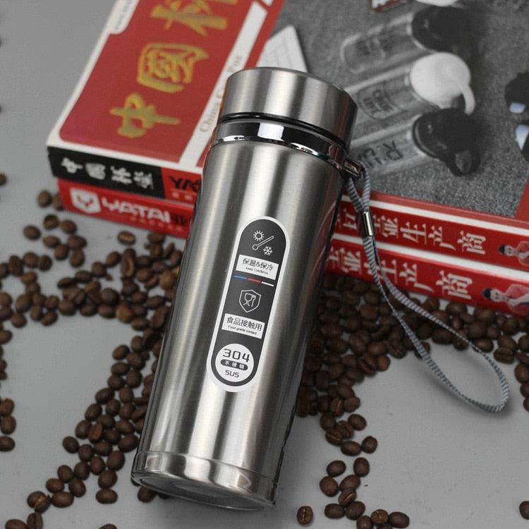 Stevvex stainless steel vacuum insulated thermos mug with spill-proof lid and wrist strap on Tampa Home & Garden Store