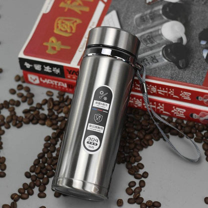 Stevvex stainless steel vacuum insulated thermos mug with spill-proof lid and wrist strap on Tampa Home & Garden Store