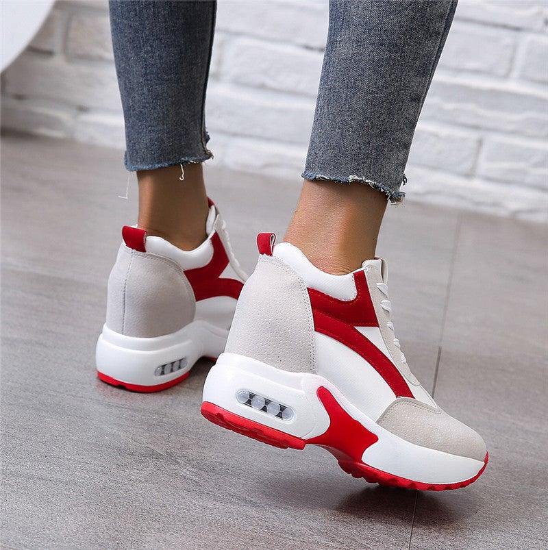 Stevvex women's white and red leather sneakers with lace-up, visible air-cushion midsole on Tampa Home & Garden Store