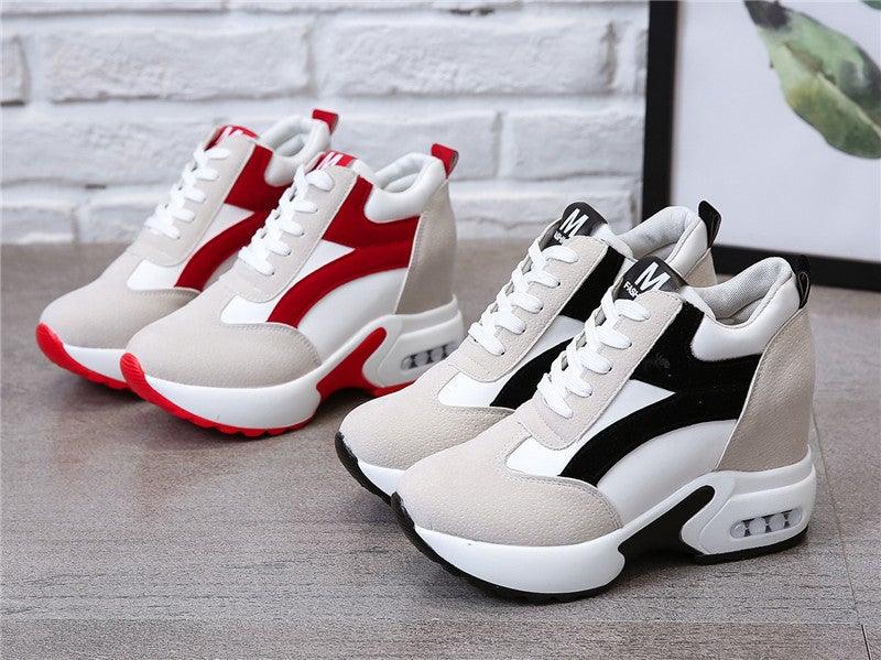 Stevvex platform sneakers with lace up beige white base in red and black colorways on Tampa Home & Garden Store