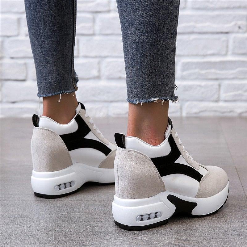 Stevvex platform sneakers, white beige black leather trainers with lace-up, chunky air-cushion sole on Tampa Home & Garden Store