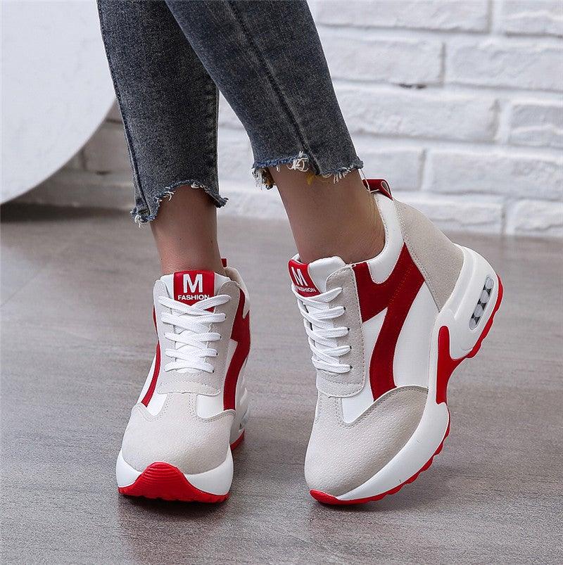 Stevvex white red lace-up sneakers, casual walking shoes with air cushion sole on Tampa Home & Garden Store