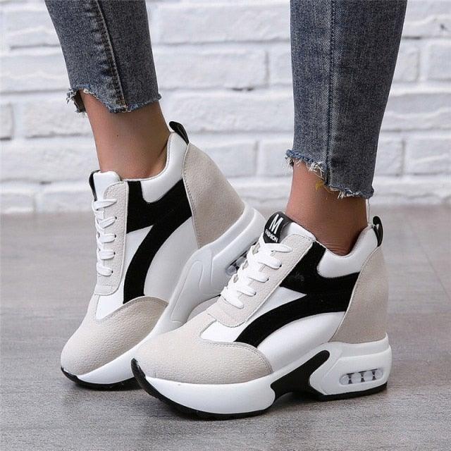 Stevvex sneakers white beige black color-block platform lace-up with air cushion on Tampa Home & Garden Store