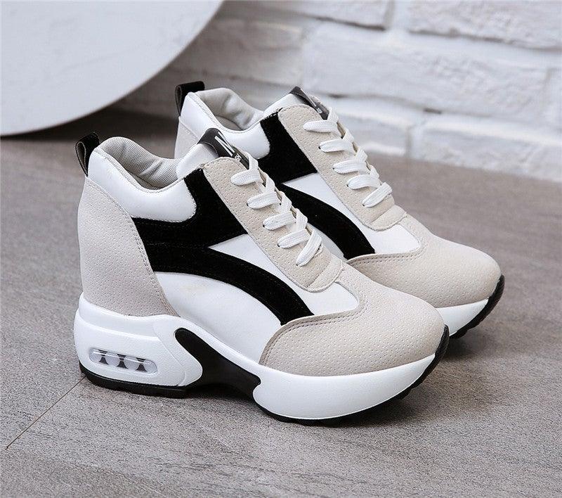 Stevvex platform sneakers pair in beige white black with lace-up front and air-cushioned sole on Tampa Home & Garden Store