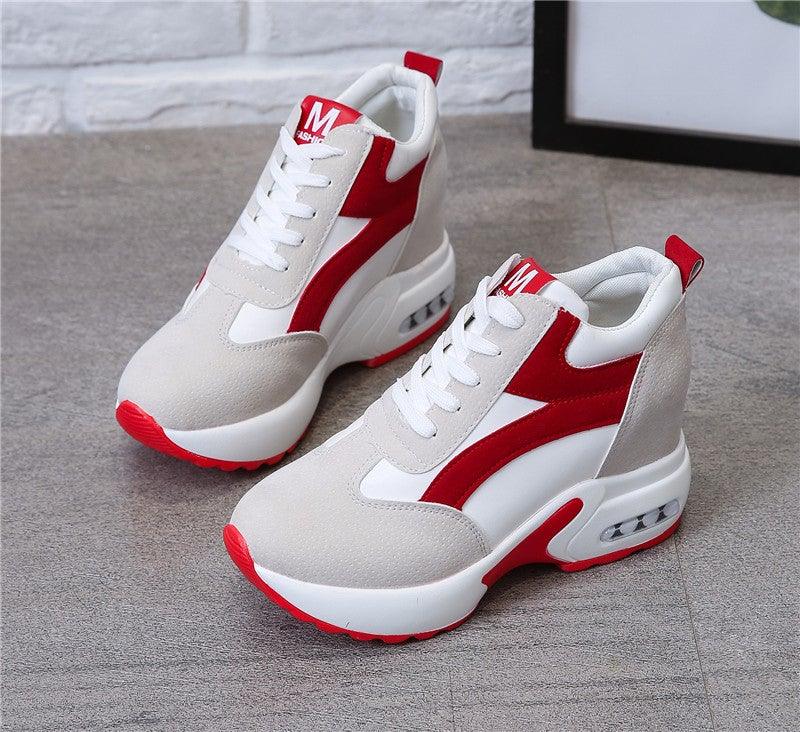 Stevvex leather sneakers, white with red panels, lace-up casual athletic shoes with air cushion on Tampa Home & Garden Store