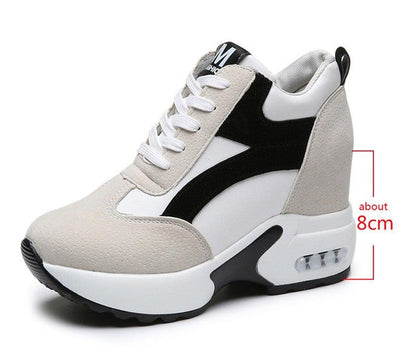 Stevvex sneakers beige leather upper with black side stripe and white sole air cushion wedge on Tampa Home & Garden Store