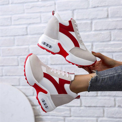 Pair of white and red platform sneakers with beige suede panels and air-cushion sole on Tampa Home & Garden Store