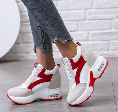 Stevvex high heel platform sneakers white red gray lace-up leather panels with air cushion on Tampa Home & Garden Store