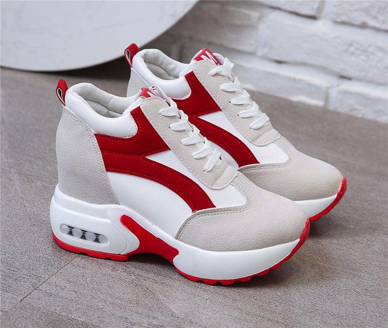 Stevvex platform sneakers pair in white with red accents and beige overlays, air-cushion sole on Tampa Home & Garden Store