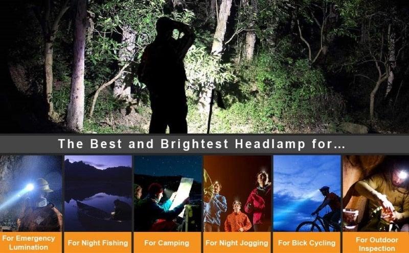 Stevvex 7 LED rechargeable headlamp worn by a hiker in a dark forest; ideal for camping on Tampa Home & Garden Store