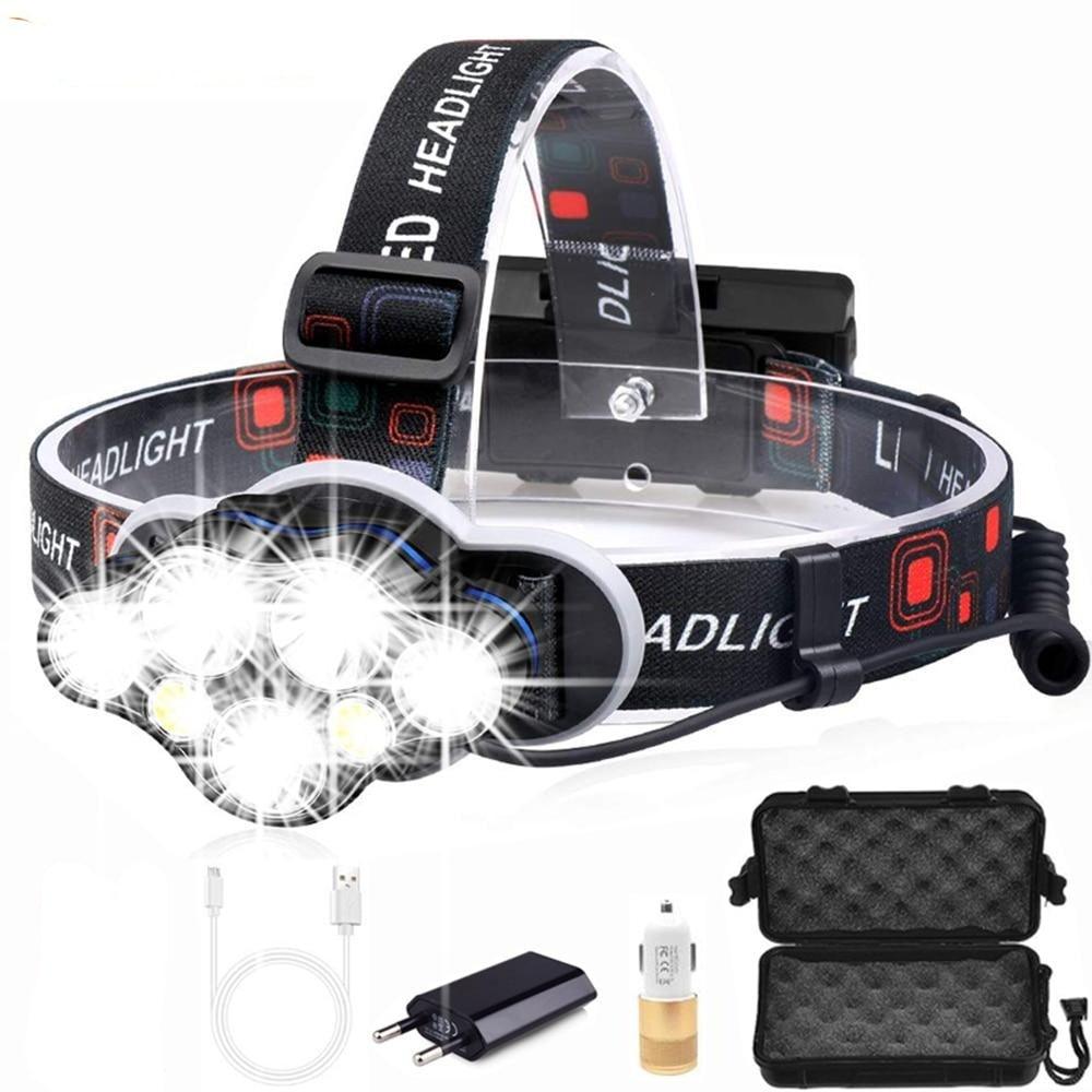 Stevvex 7-LED rechargeable USB headlamp with black strap, waterproof for outdoor camping on Tampa Home & Garden Store