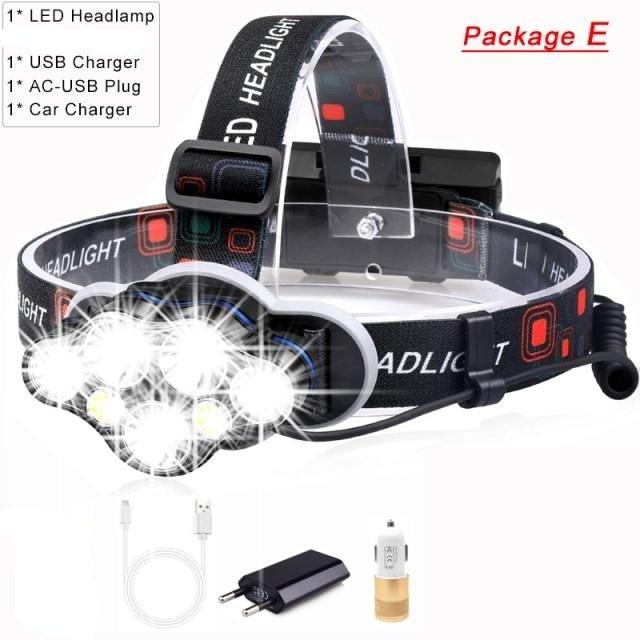 Stevvex 7-LED rechargeable headlamp with USB charging, black adjustable headband waterproof for outdoors on Tampa Home & Garden Store