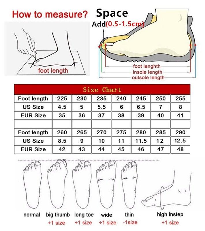 Stevvex sneakers size-guide infographic showing foot measurement steps and size chart on Tampa Home & Garden Store