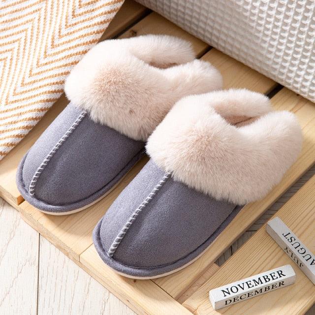 Stevvex women's gray suede plush fur lined slippers with memory foam, cozy home shoes a pair on Tampa Home & Garden Store