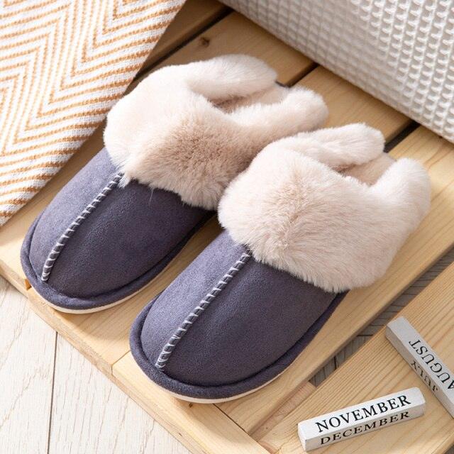 Stevvex cow suede leather slippers pair with plush fur lining, gray memory foam home shoes on Tampa Home & Garden Store