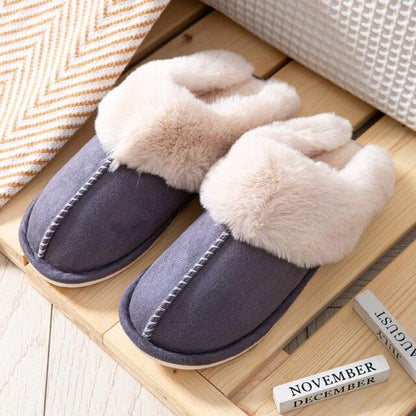 Stevvex cow suede leather slippers pair with plush fur lining, gray memory foam home shoes on Tampa Home & Garden Store