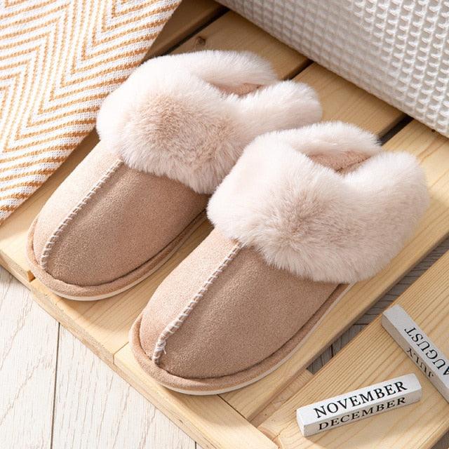 Stevvex women's beige cow suede leather fur-lined slippers memory-foam house shoes pair on Tampa Home & Garden Store