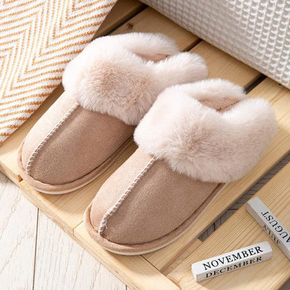 Stevvex women's beige cow suede leather fur-lined slippers memory-foam house shoes pair on Tampa Home & Garden Store