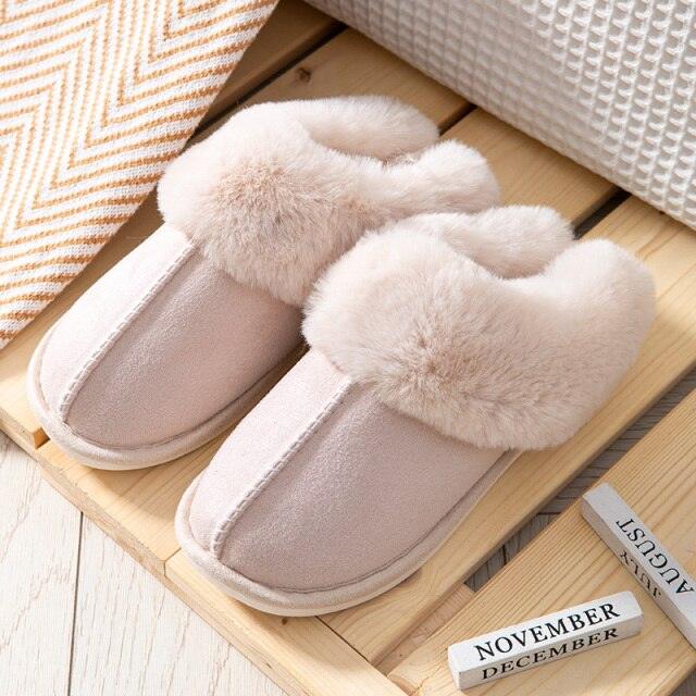 Stevvex women's pale pink cow suede plush fur lined slippers with memory foam pair on Tampa Home & Garden Store