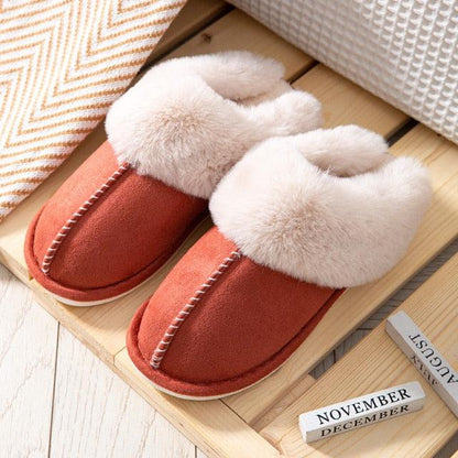 Stevvex women's red-brown suede leather slippers pair with plush fur lining and memory foam on Tampa Home & Garden Store