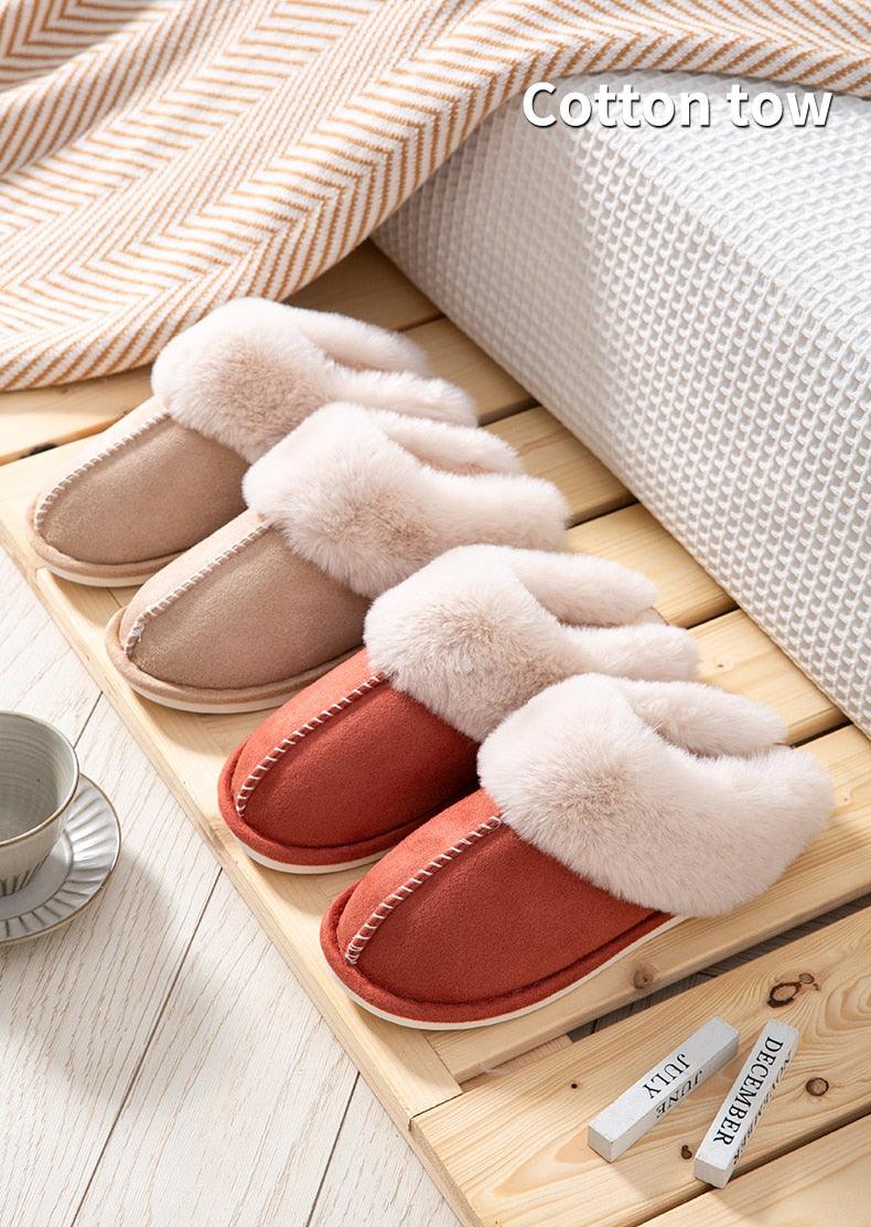 Stevvex plush fur lined suede slippers with fluffy cuffs in beige and red, memory foam on Tampa Home & Garden Store