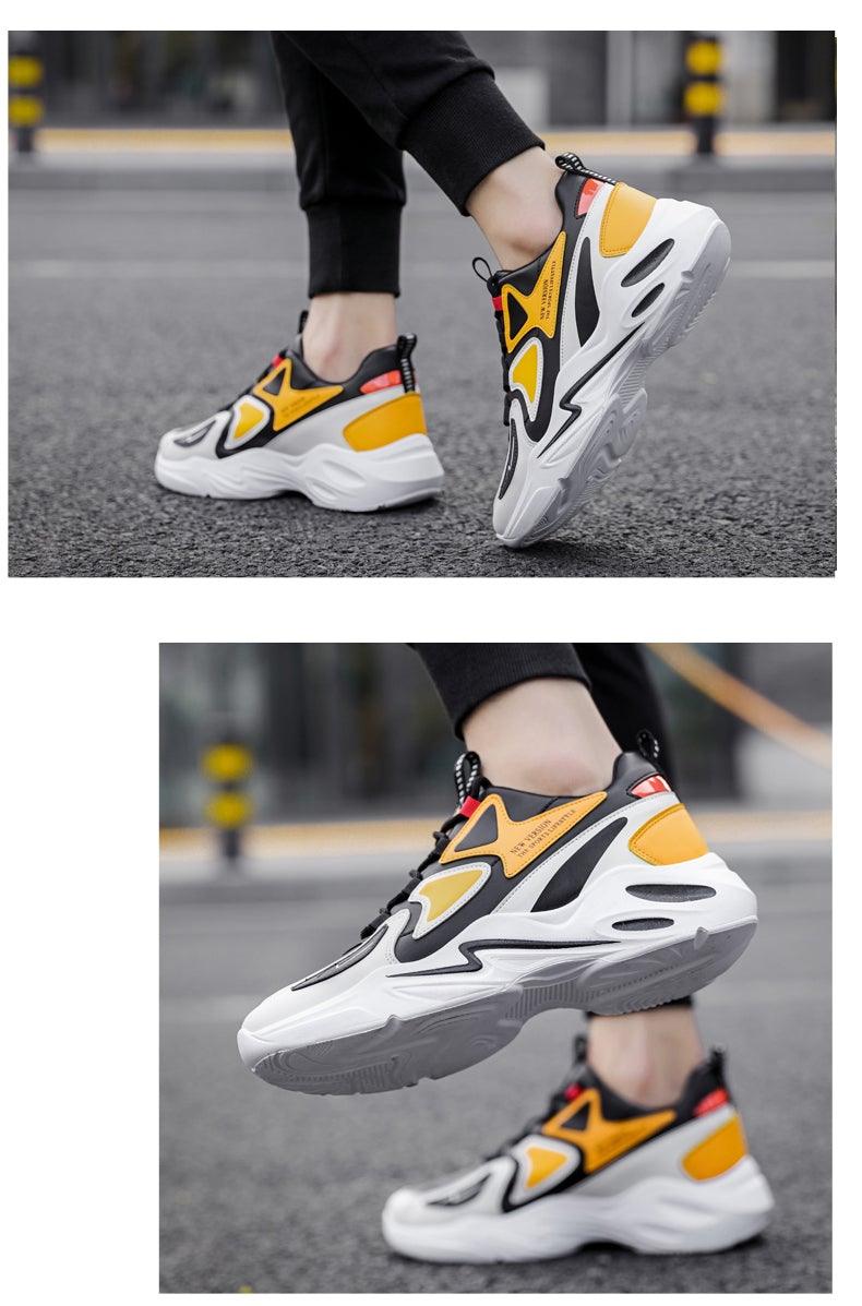 Men's Stevvex Air Mesh Platform sneakers in yellow, black, white with chunky outsole on Tampa Home & Garden Store