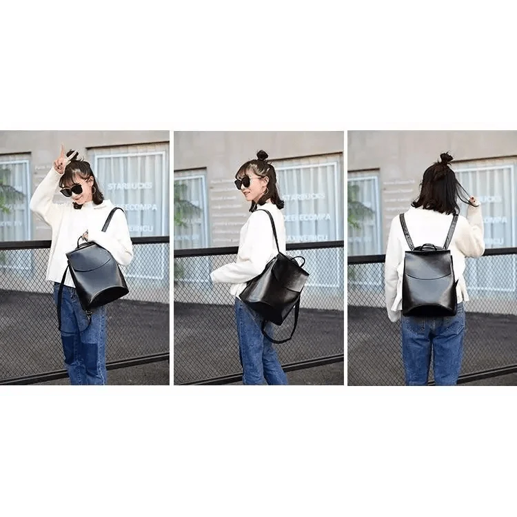 Stevvex black leather backpack, large capacity shoulder bag, front side back views on Tampa Home & Garden Store
