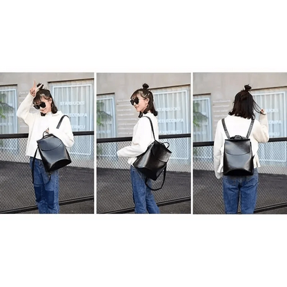 Stevvex black leather backpack, large capacity shoulder bag, front side back views on Tampa Home & Garden Store