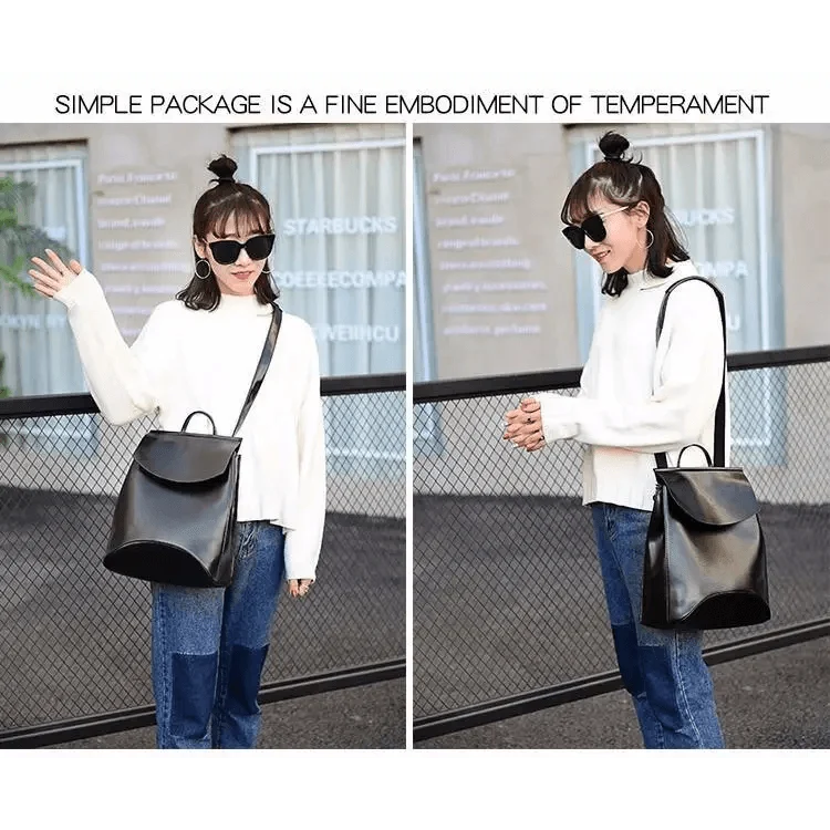 Stevvex black leather backpack with flap, large capacity, worn by stylish model on Tampa Home & Garden Store