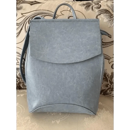 Backpack Stevvex light blue leather-style with front flap and top handle on Tampa Home & Garden Store
