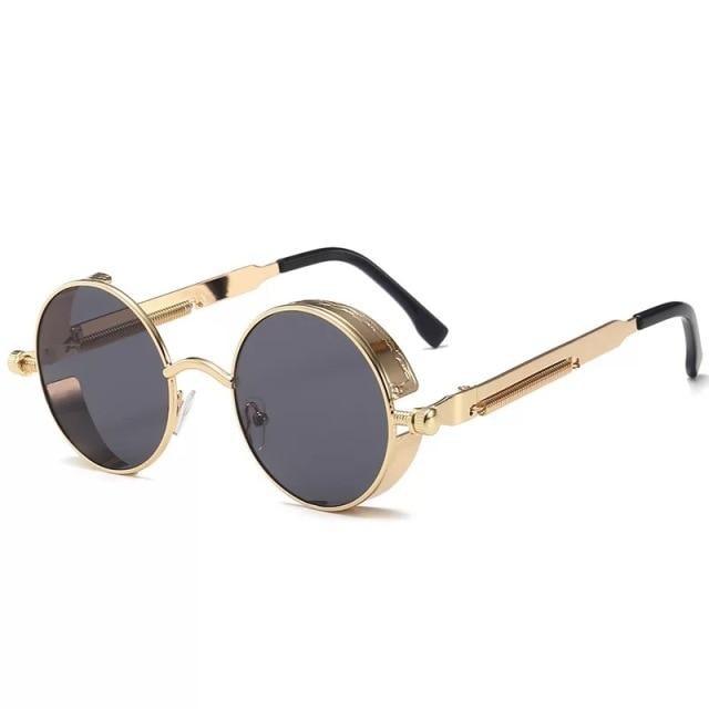 Stevvex gold round metal sunglasses with dark gray UV400 lenses and black temple tips on Tampa Home & Garden Store