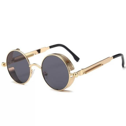 Stevvex gold round metal sunglasses with dark gray UV400 lenses and black temple tips on Tampa Home & Garden Store