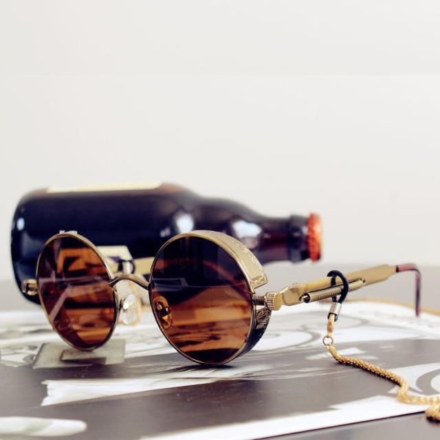Stevvex round metal frame sunglasses with brown lenses and gold-tone rims UV400 on Tampa Home & Garden Store