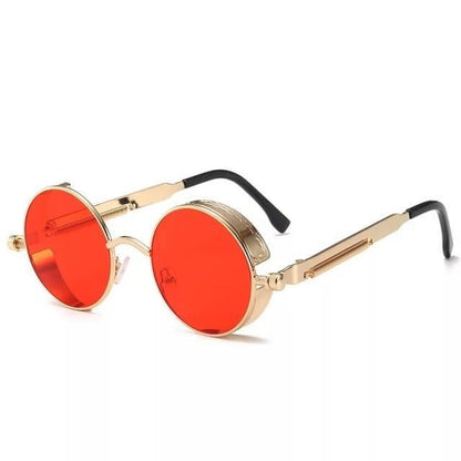 Stevvex round metal frame sunglasses with red-orange UV400 lenses, gold rims and black temple tips on Tampa Home & Garden Store