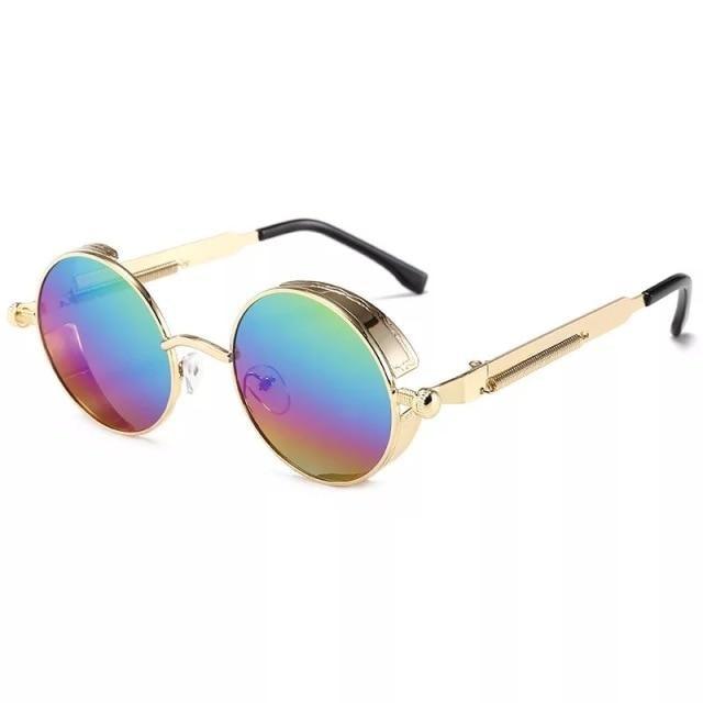 Round metal sunglasses with gold frame and rainbow mirrored lenses UV400 Stevvex on Tampa Home & Garden Store