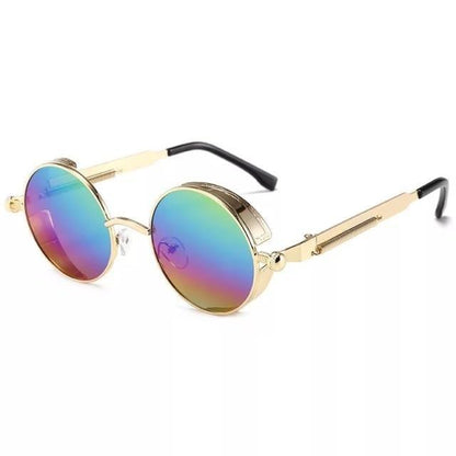 Round metal sunglasses with gold frame and rainbow mirrored lenses UV400 Stevvex on Tampa Home & Garden Store